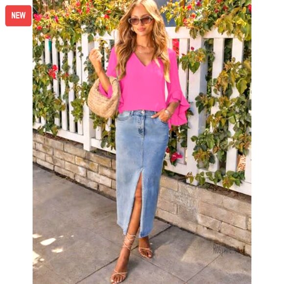 Ruffle 3/4 Sleeve V Neck Blouse Business Casual Tops Lightweight Fabric - Picture 4 of 7